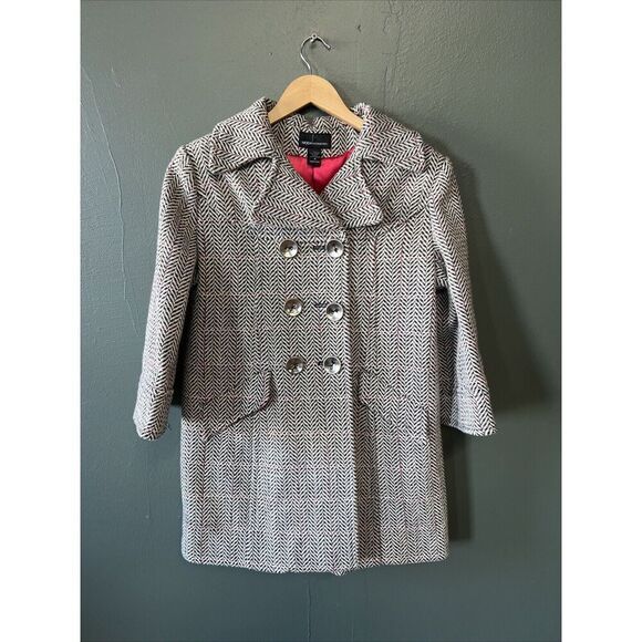 Moda International Wool Blend Pea Coat Herringbone Tweed Black White Red Medium - Picture 1 of 4